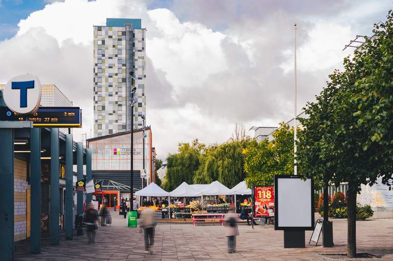 Suburbs of Stockholm. Tensta main square in northern Stockholm.