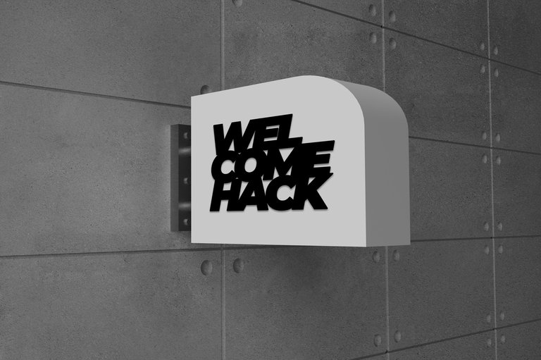 Events in Stockholm. A sign hanging on the outside of a building. The sign has the "Welcomehack" logo.