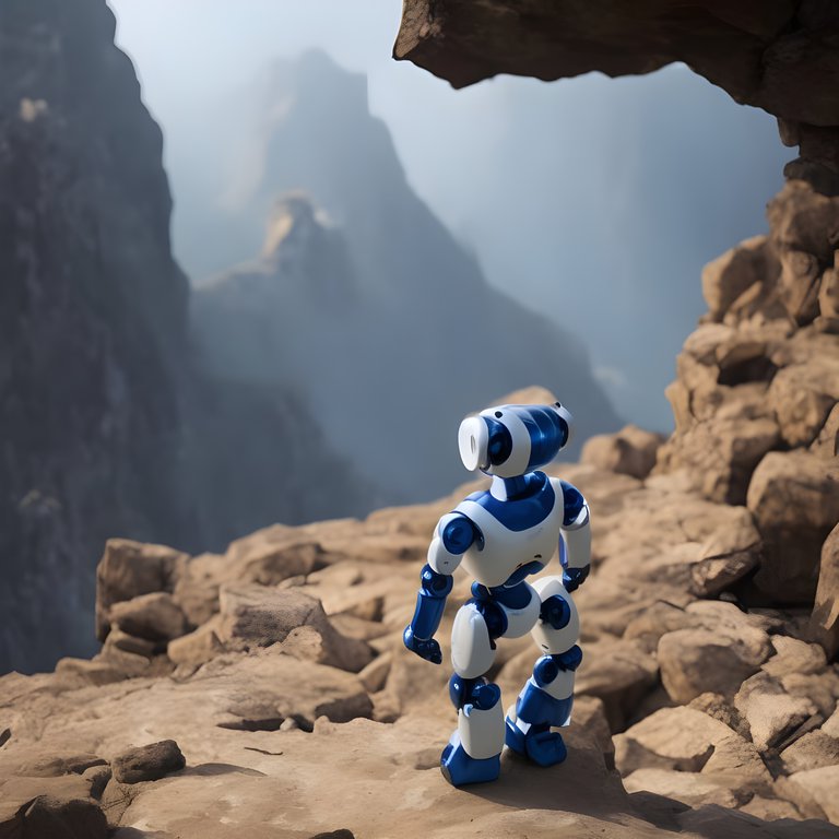 A robot in a mountain landscape.