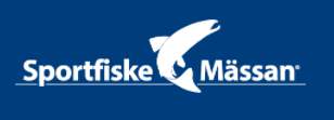 "Sportfiskemassan", a text and a silhouette of a fish in white on a blue background.