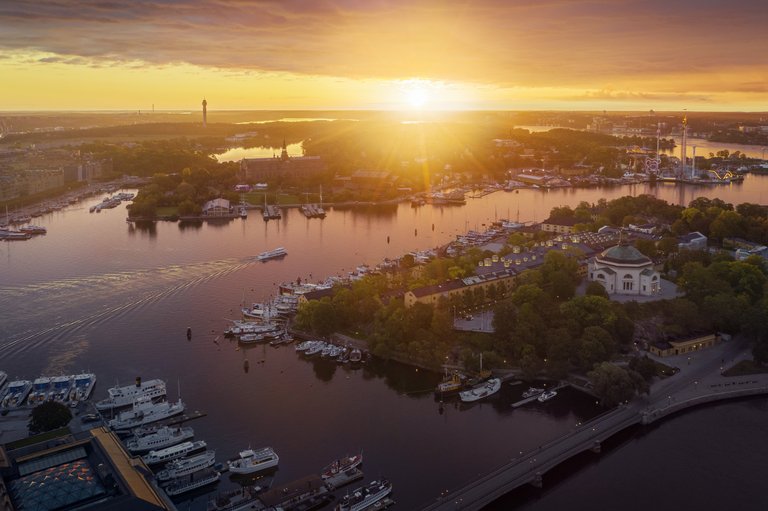 Aerial scenic view of Stockholm with the islands Skeppsholmen and Djurgården in focus