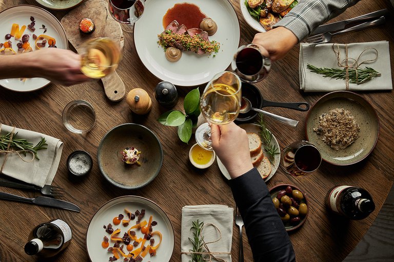 Various dishes on a table.