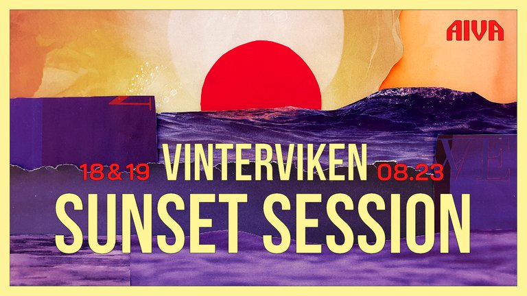 The text "Vinterviken Sunset Session 18-19.08.23" with sun and sea in the background.