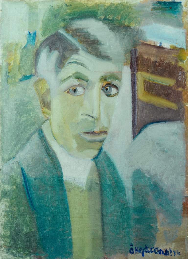 An oil painting of a short-haired man looking to the side. The oil colours have broad, playful strokes and the background is dominated by moss green tones.