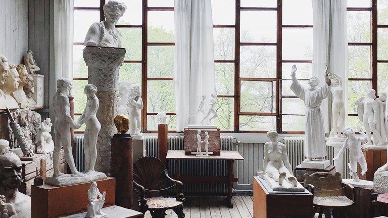 Art museums in Stockholm. The studio at Carl Eldh's Studio Museum, full of sculptures and other artworks.