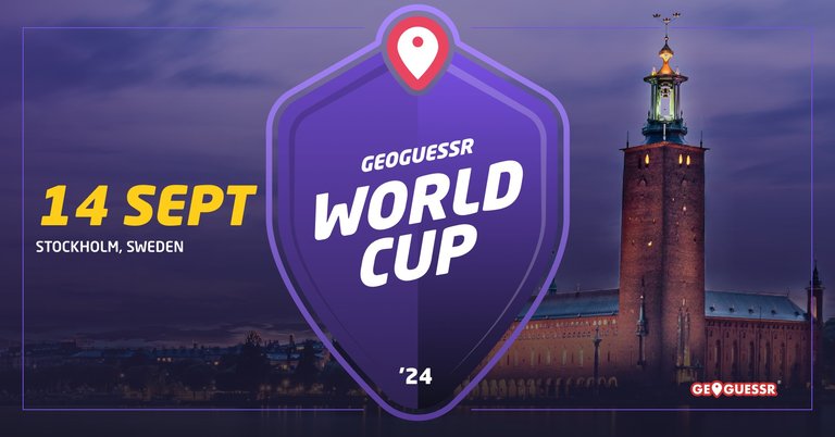Poster image for the Geoguessr World cup, featuring an image of Stockholm, the Geoguesser logo and date of the event