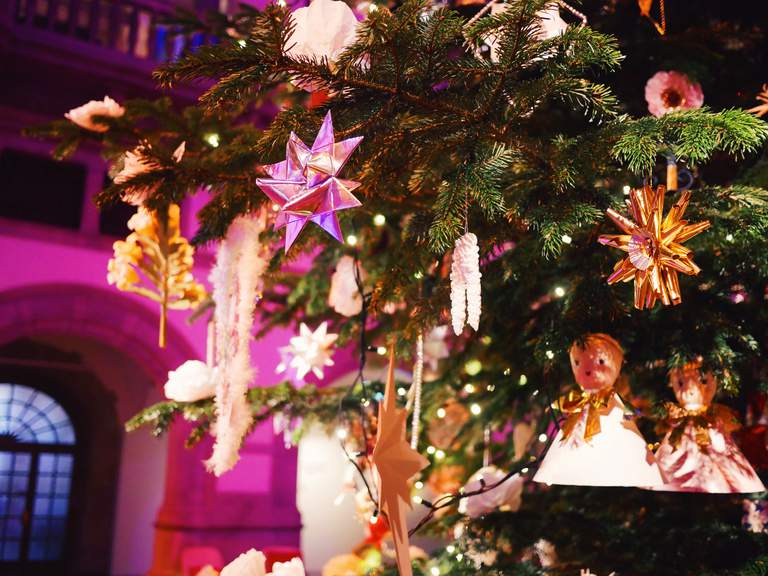 Christmas in Stockholm. Christmas decorations and light decorate a Christmas tree.