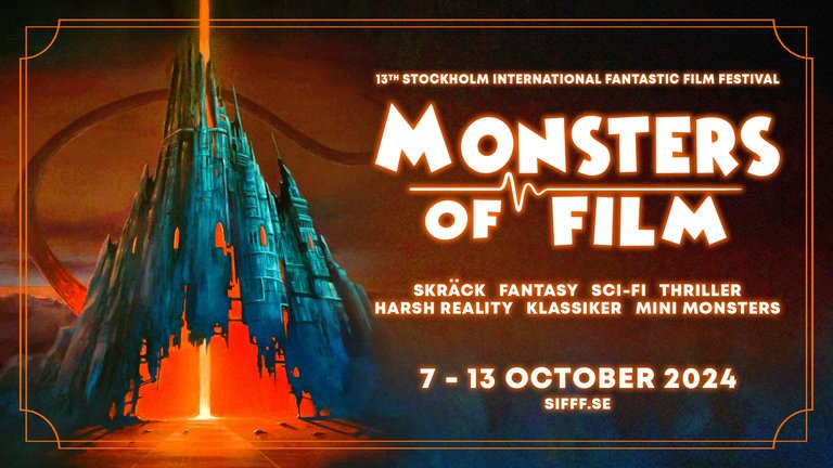 Poster for the film horror festival Monsters of Film. The poster depicts a painting of a spooky castle against an orange sky.