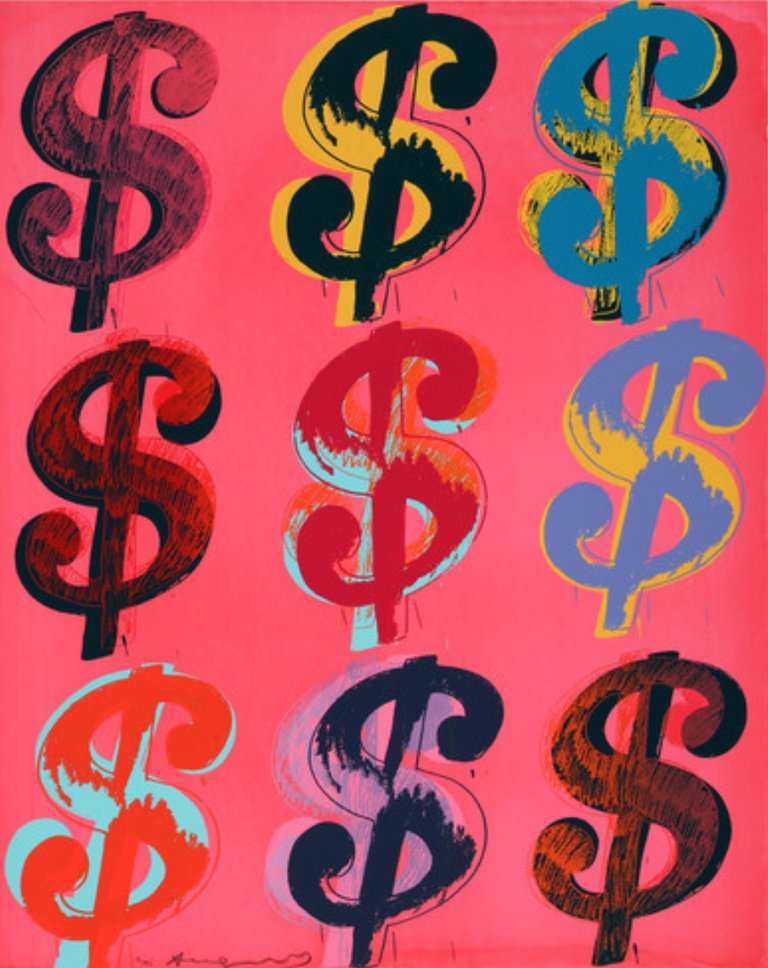 The Andy Warhol art piece, "$(9)", featuring 9 colorful dollar signs on a pink background