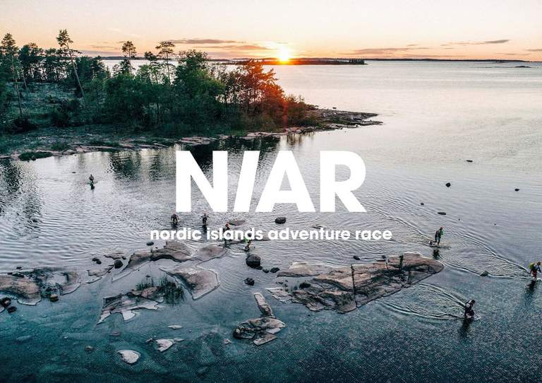 "NIAR Nordic Island Adventure Race", a white texte on the background with a sunset landscape.