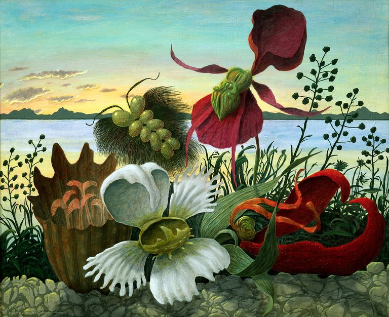 Surrealist painting of disconcertingly large exotic flowers against a calm horizon