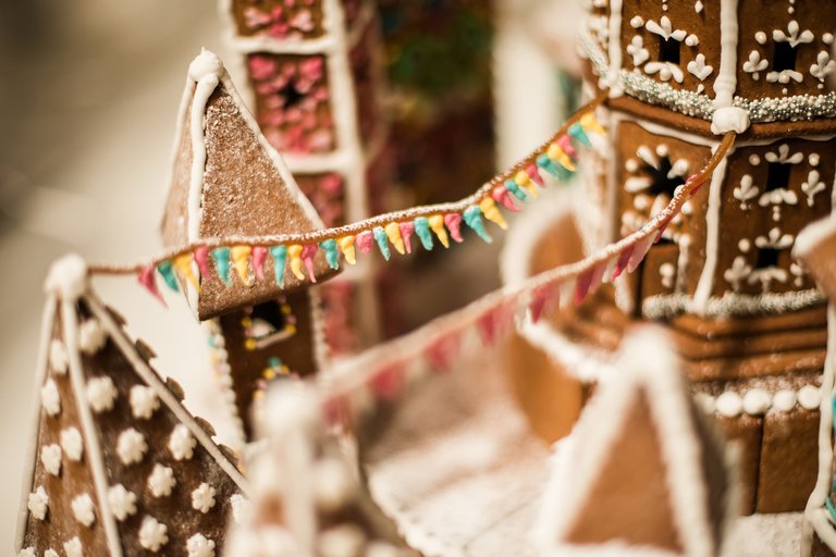 close-up detail of a gingerbread house