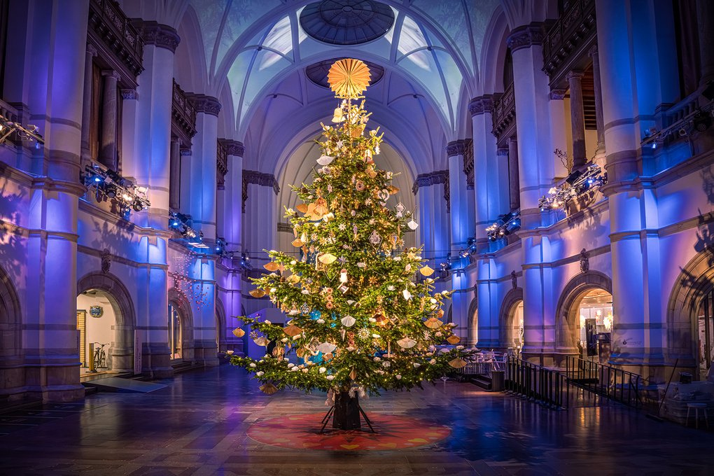 A big, well-decorated Christmas tree in the middle of a great hall.