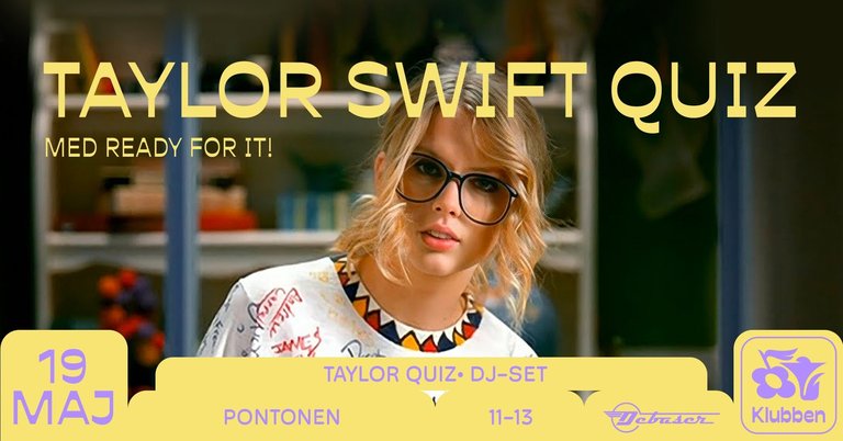 A montage with the text "Taylor Swift Quiz" superimosed on a picture of Ms. Swift wearing glasses