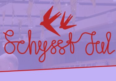 The Text "schysst jul" in red cursive, adorned by two bird sillouettes (swallows)