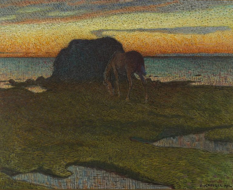 a painting depicting a horse on a shore near the seaweed stack